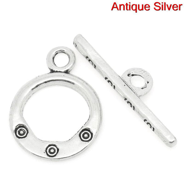 Sexy Sparkles 5 Sets Toggle Clasps Round Antique Silver Circle Pattern