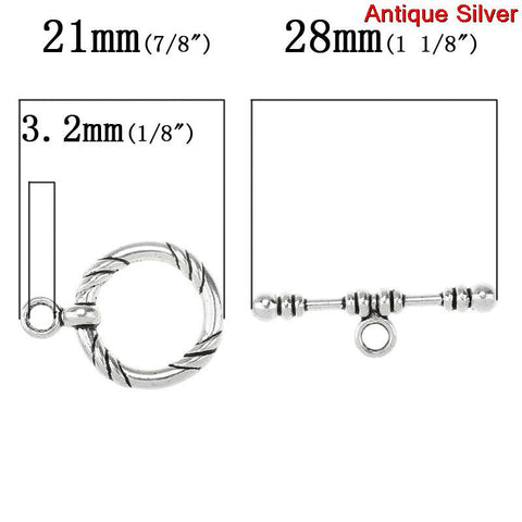 2 Sets Toggle Clasps Round Antique Silver Stripe Pattern 22mm - Sexy Sparkles Fashion Jewelry - 2