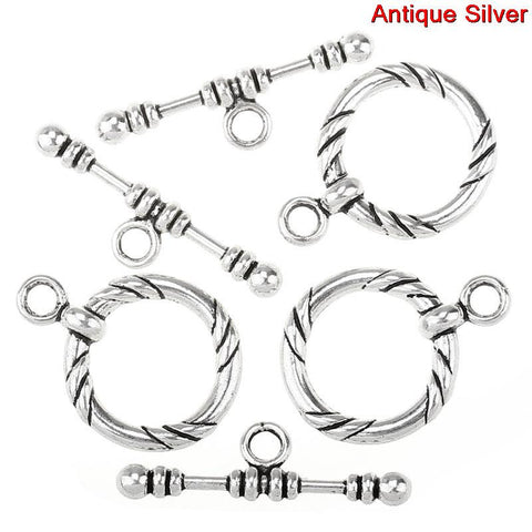 2 Sets Toggle Clasps Round Antique Silver Stripe Pattern 22mm - Sexy Sparkles Fashion Jewelry - 3