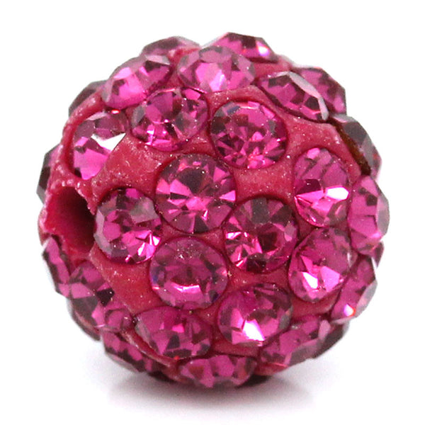 5 Pcs Fuchsia Polymer Clay Ball Beads Pave Fuchsia Rhinestone 10mm - Sexy Sparkles Fashion Jewelry - 1