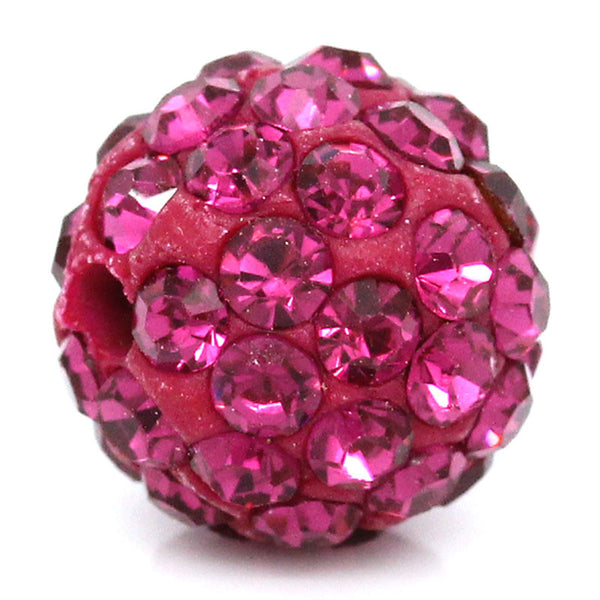 5 Pcs Fuchsia Polymer Clay Ball Beads Pave Fuchsia Rhinestone 10mm - Sexy Sparkles Fashion Jewelry - 1