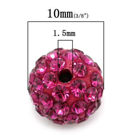 5 Pcs Fuchsia Polymer Clay Ball Beads Pave Fuchsia Rhinestone 10mm - Sexy Sparkles Fashion Jewelry - 3