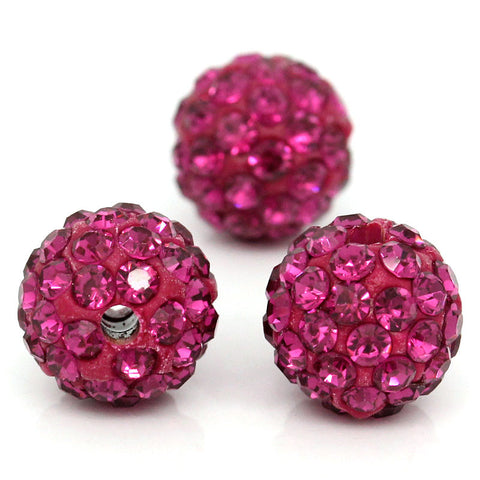 5 Pcs Fuchsia Polymer Clay Ball Beads Pave Fuchsia Rhinestone 10mm - Sexy Sparkles Fashion Jewelry - 2