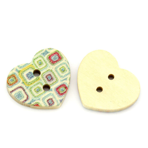 10 Pcs Heart Shaped Natural Wood Buttons with Multicolor Square Pattern 17mm - Sexy Sparkles Fashion Jewelry