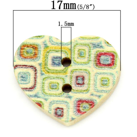 10 Pcs Heart Shaped Natural Wood Buttons with Multicolor Square Pattern 17mm - Sexy Sparkles Fashion Jewelry - 2