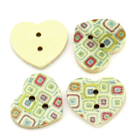 10 Pcs Heart Shaped Natural Wood Buttons with Multicolor Square Pattern 17mm - Sexy Sparkles Fashion Jewelry - 3