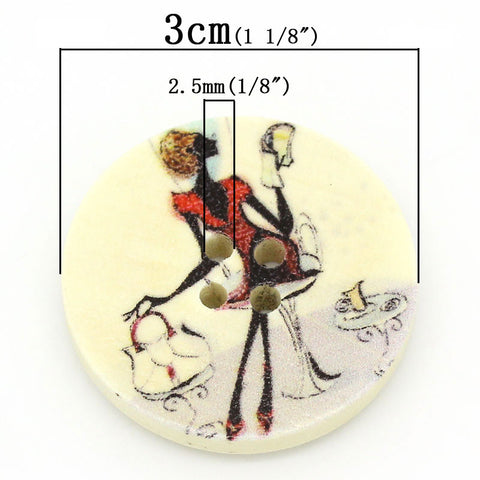 10 pcs Round Wood Scrapbooking Buttons Girl & Bag Pattern 3cm(1-1/8") - Sexy Sparkles Fashion Jewelry - 2