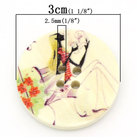 10 Pcs Round Wood Buttons Beautiful Girl Reading Book Pattern - Sexy Sparkles Fashion Jewelry - 2
