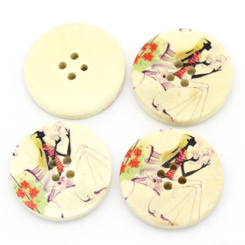 10 Pcs Round Wood Buttons Beautiful Girl Reading Book Pattern - Sexy Sparkles Fashion Jewelry - 3