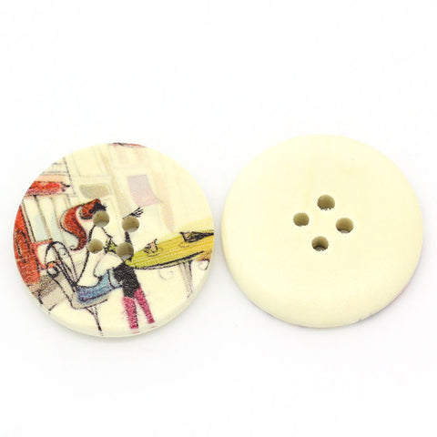10 Pcs Round Wood Buttons Beautiful Girl Drinking Coffee Pattern Multicolor - Sexy Sparkles Fashion Jewelry - 1