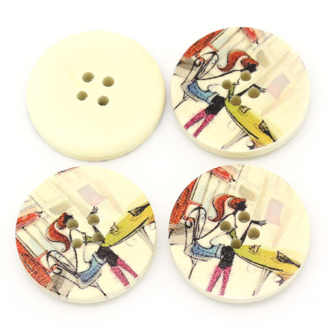 10 Pcs Round Wood Buttons Beautiful Girl Drinking Coffee Pattern Multicolor - Sexy Sparkles Fashion Jewelry - 3