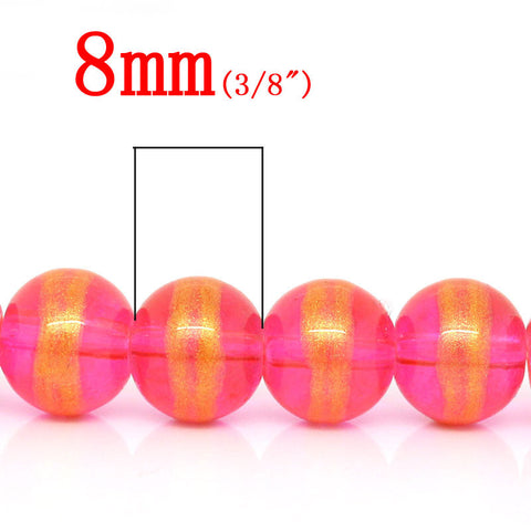 1 Strand Round Glass Loose Beads Pink Golden Stripe - Sexy Sparkles Fashion Jewelry - 2