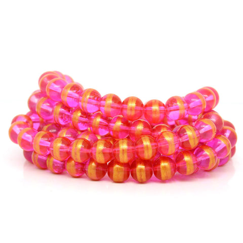1 Strand Round Glass Loose Beads Pink Golden Stripe - Sexy Sparkles Fashion Jewelry - 3
