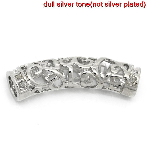 2 Pcs Spacer Beads Hollow Curved Tube Silver Tone Love and Heart Design Carved - Sexy Sparkles Fashion Jewelry - 1