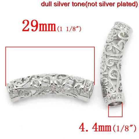 2 Pcs Spacer Beads Hollow Curved Tube Silver Tone Love and Heart Design Carved - Sexy Sparkles Fashion Jewelry - 2