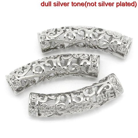 2 Pcs Spacer Beads Hollow Curved Tube Silver Tone Love and Heart Design Carved - Sexy Sparkles Fashion Jewelry - 3