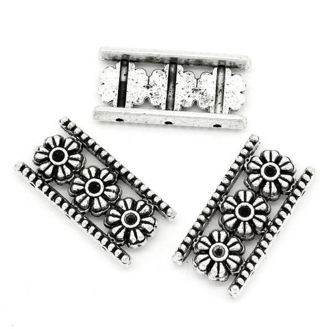 5 Pcs Rectangle Spacer Bar Beads Antique Silver Flower and Dots Design - Sexy Sparkles Fashion Jewelry - 3