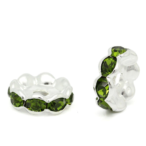 20 Pcs Green Rhinestone Rondelle Spacer Beads Round Silver Plated 10mm - Sexy Sparkles Fashion Jewelry - 1