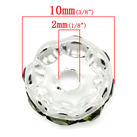 20 Pcs Green Rhinestone Rondelle Spacer Beads Round Silver Plated 10mm - Sexy Sparkles Fashion Jewelry - 2