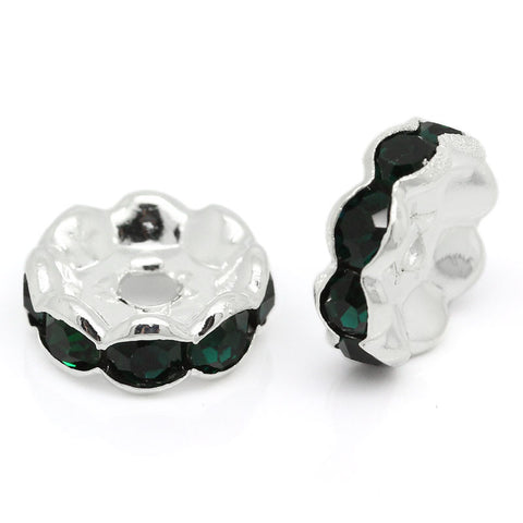 20 Pcs Dark Green Rhinestone Rondelle Spacer Beads Round Silver Plated 10mm - Sexy Sparkles Fashion Jewelry - 1
