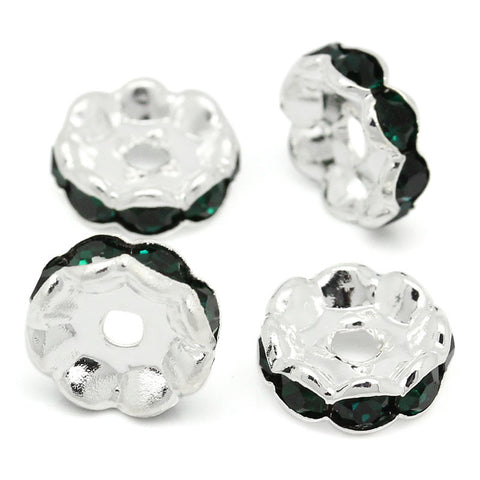 20 Pcs Dark Green Rhinestone Rondelle Spacer Beads Round Silver Plated 10mm - Sexy Sparkles Fashion Jewelry - 2