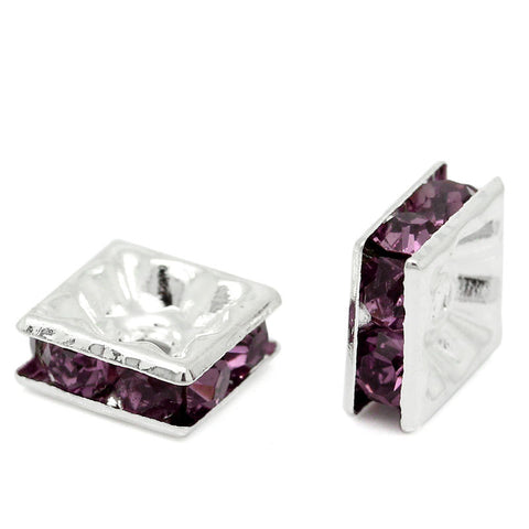 10 Pcs Purple Rhinestone Rondelle Spacer Beads Square Silver Plated 8mm - Sexy Sparkles Fashion Jewelry - 3