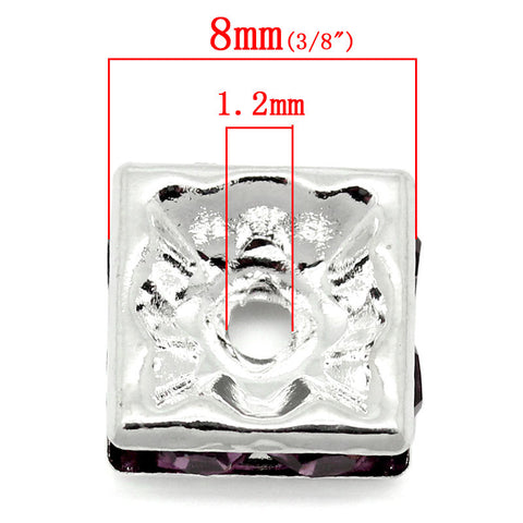 10 Pcs Purple Rhinestone Rondelle Spacer Beads Square Silver Plated 8mm - Sexy Sparkles Fashion Jewelry - 2