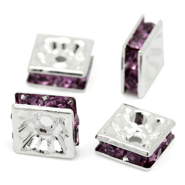 10 Pcs Purple Rhinestone Rondelle Spacer Beads Square Silver Plated 8mm - Sexy Sparkles Fashion Jewelry - 1