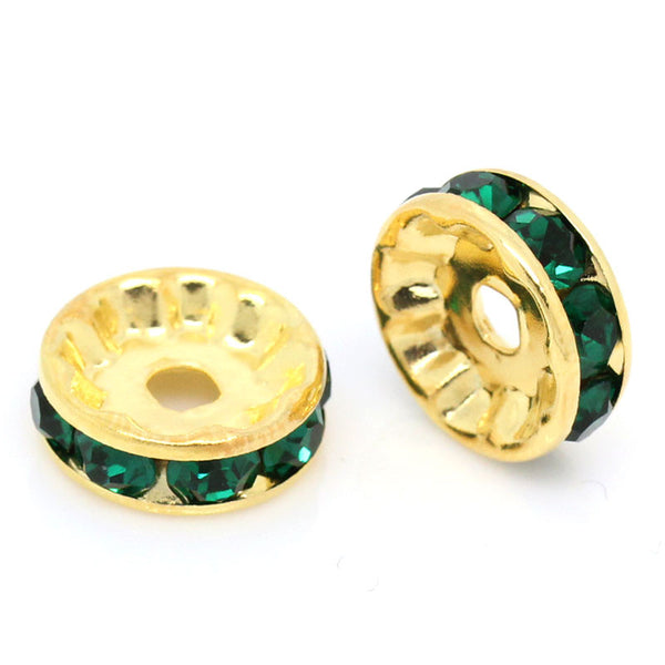 20 Pcs Dark Green Rhinestone Rondelle Spacer Beads Round Gold Plated 10mm - Sexy Sparkles Fashion Jewelry - 1