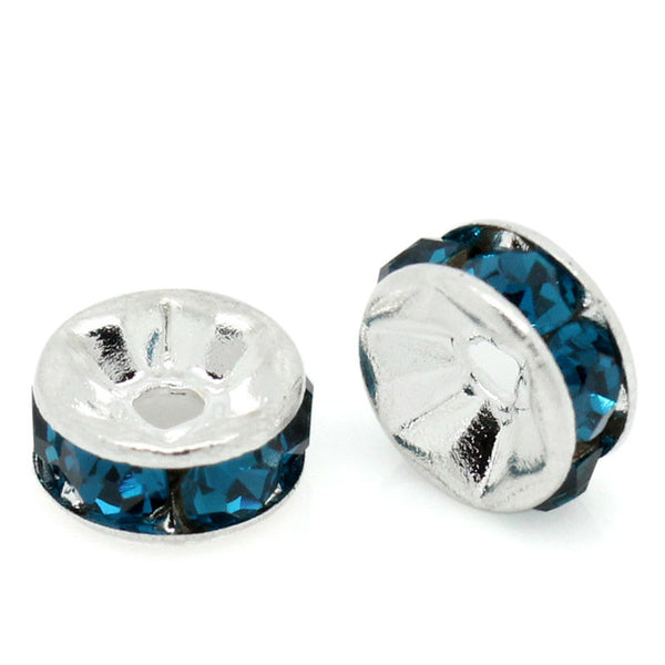 25 Pcs Blue Rhinestone Rondelle Spacer Beads Round Silver Plated 6mm - Sexy Sparkles Fashion Jewelry - 1