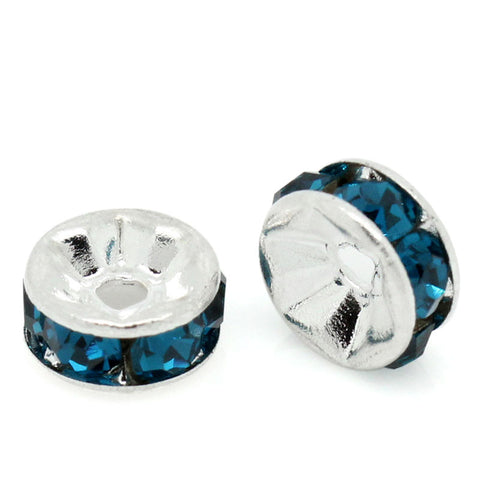 25 Pcs Blue Rhinestone Rondelle Spacer Beads Round Silver Plated 6mm - Sexy Sparkles Fashion Jewelry - 1