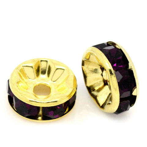 10 Pcs Dark Purple Rhinestone Rondelle Round Spacer Beads Gold Plated Tone 8mm - Sexy Sparkles Fashion Jewelry - 1