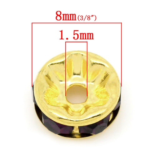 10 Pcs Dark Purple Rhinestone Rondelle Round Spacer Beads Gold Plated Tone 8mm - Sexy Sparkles Fashion Jewelry - 2