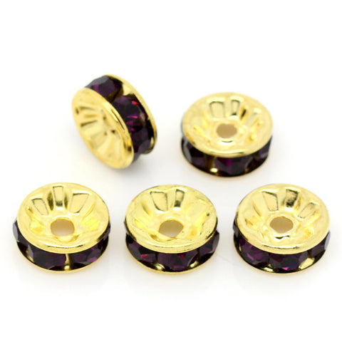 10 Pcs Dark Purple Rhinestone Rondelle Round Spacer Beads Gold Plated Tone 8mm - Sexy Sparkles Fashion Jewelry - 3