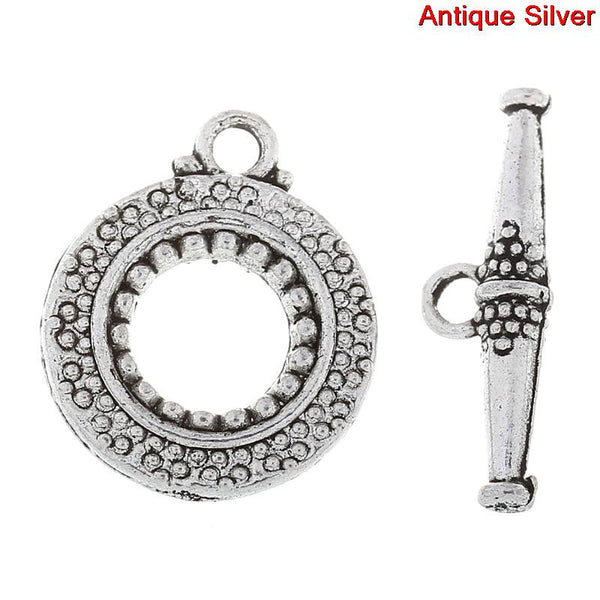 Sexy Sparkles 3 Sets Toggle Clasps Round Antique Silver Dot Pattern.