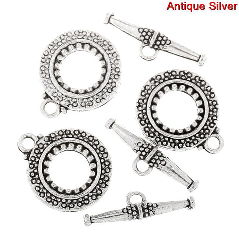 Sexy Sparkles 3 Sets Toggle Clasps Round Antique Silver Dot Pattern.