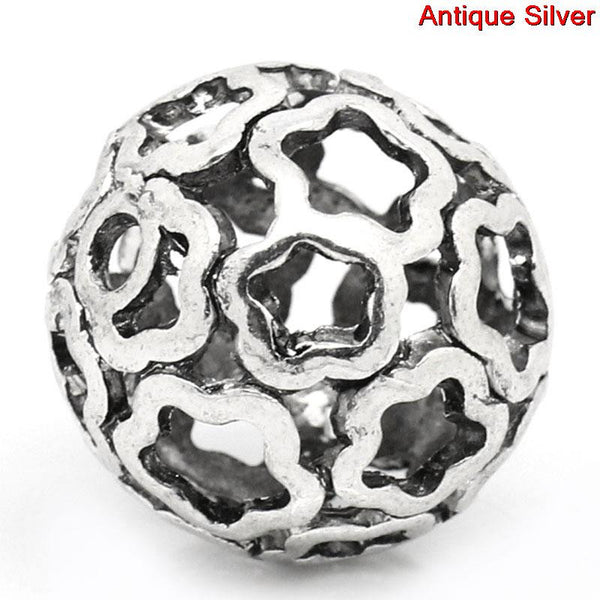 Sexy Sparkles 2 Pcs Round Flower Pattern Hollow Spacer Bead Silver Tone 24mm Hole: Approx 3...