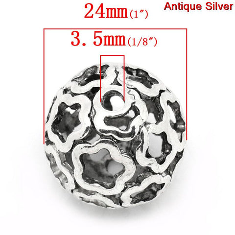 2 Pcs Round Flower Pattern Hollow Spacer Bead Silver Tone 24mm Hole: Approx 3... - Sexy Sparkles Fashion Jewelry - 2