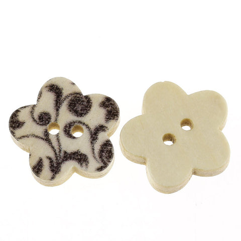10 Pcs Flower Shaped Natural Wood Buttons with Black Leaf Pattern 17mm - Sexy Sparkles Fashion Jewelry - 2