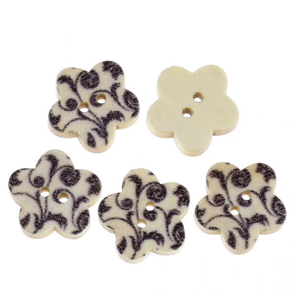 Sexy Sparkles 10 Pcs Flower Shaped Natural Wood Buttons with Black Leaf Pattern 17mm