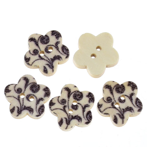 10 Pcs Flower Shaped Natural Wood Buttons with Black Leaf Pattern 17mm - Sexy Sparkles Fashion Jewelry - 1