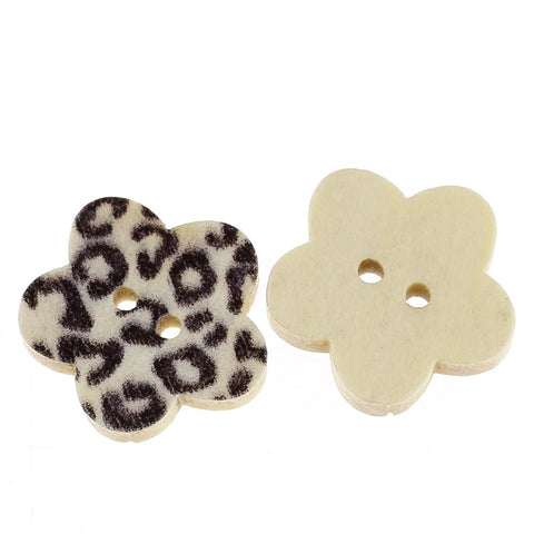 10 Pcs Flower Shaped Natural Wood Buttons w/ Black Leopard Pattern 17mm - Sexy Sparkles Fashion Jewelry - 2