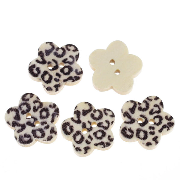 Sexy Sparkles 10 Pcs Flower Shaped Natural Wood Buttons w/ Black Leopard Pattern 17mm