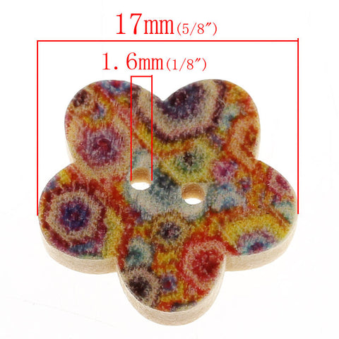 10 Pcs Flower Shaped Natural Wood Buttons with Multicolor Hexagon Pattern - Sexy Sparkles Fashion Jewelry - 3