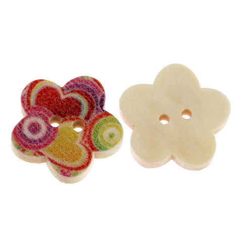 10 Pcs Flower Shaped Wood Buttons Multicolor Heart & Loop Pattern 17mm - Sexy Sparkles Fashion Jewelry - 2