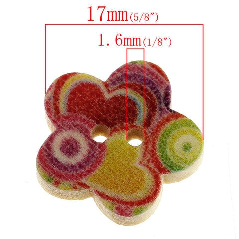 10 Pcs Flower Shaped Wood Buttons Multicolor Heart & Loop Pattern 17mm - Sexy Sparkles Fashion Jewelry - 3
