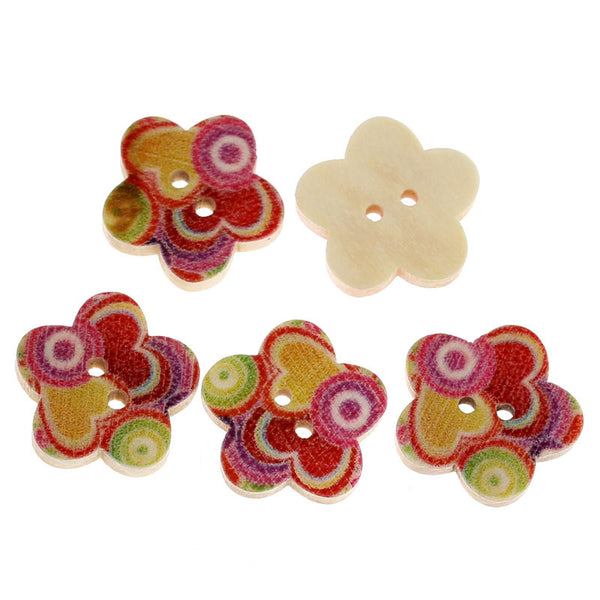 Sexy Sparkles 10 Pcs Flower Shaped Wood Buttons Multicolor Heart & Loop Pattern 17mm