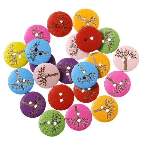 Sexy Sparkles 10 Pcs Wood Sewing Buttons Round Assorted Colors w/ Tree Pattern 20mm
