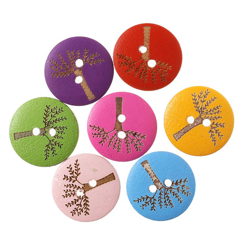 Sexy Sparkles 10 Pcs Wood Sewing Buttons Round Assorted Colors w/ Tree Pattern 20mm