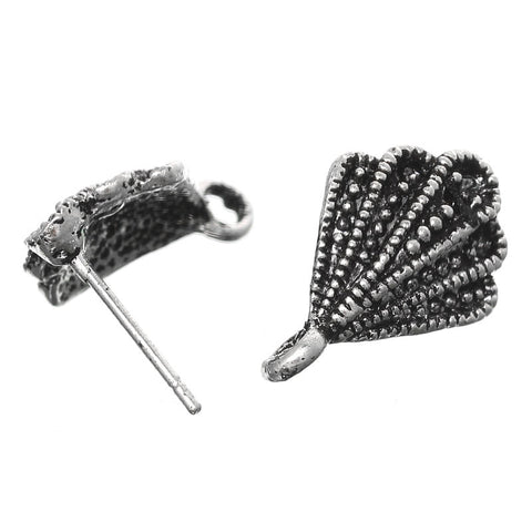 4 Pcs Earring Post Shell Shape Antique Silver w/ Loop 15mm - Sexy Sparkles Fashion Jewelry - 1